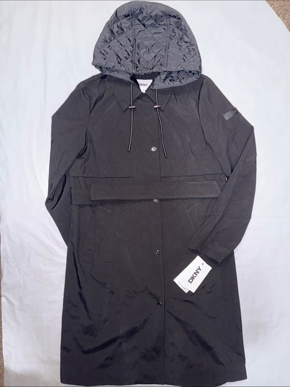 DKNY Black Hooded Trench Coat with Belt